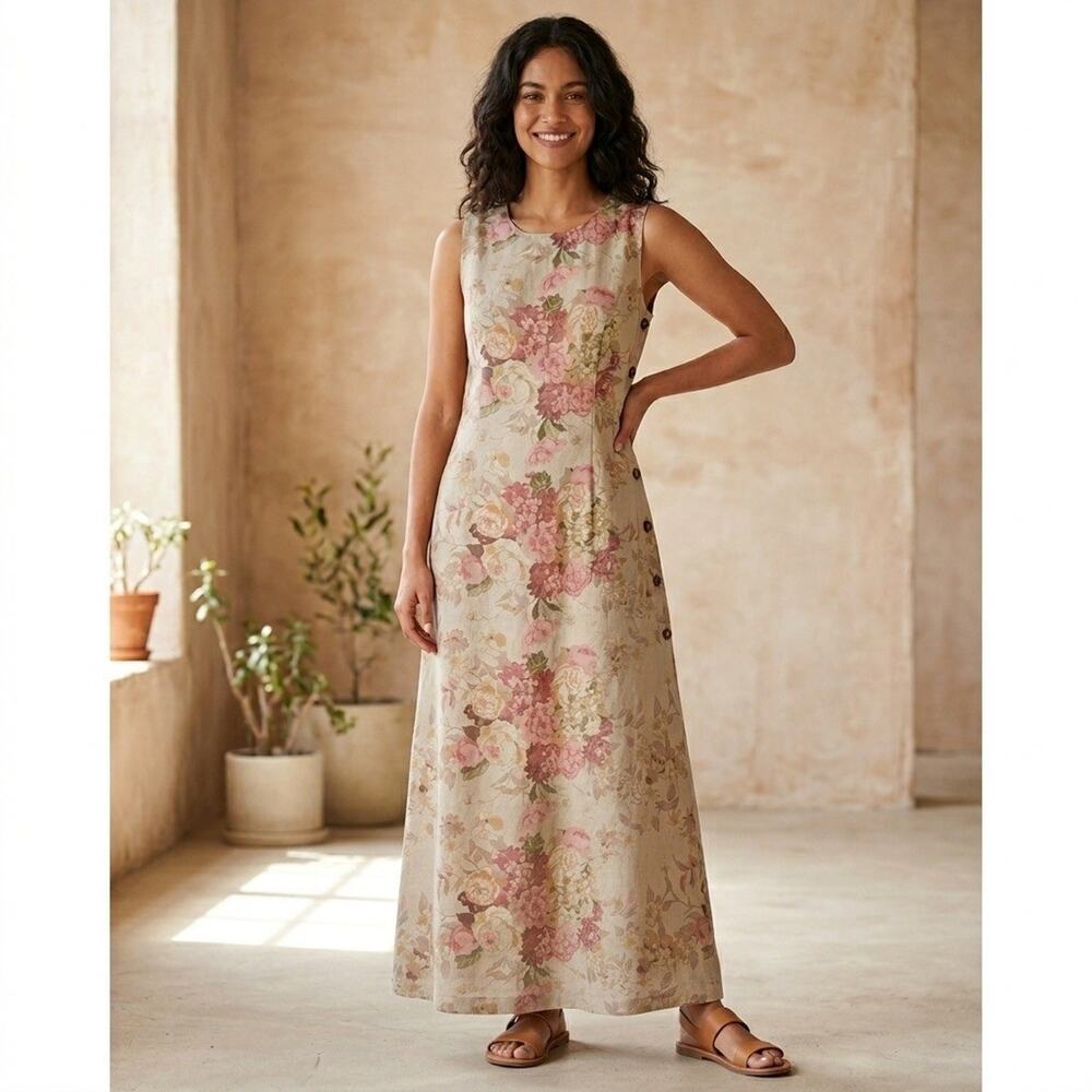 Vtg Cambridge Dry Goods Floral Maxi Dress -90s Cottagecore Ramie Cotton-Sz Med